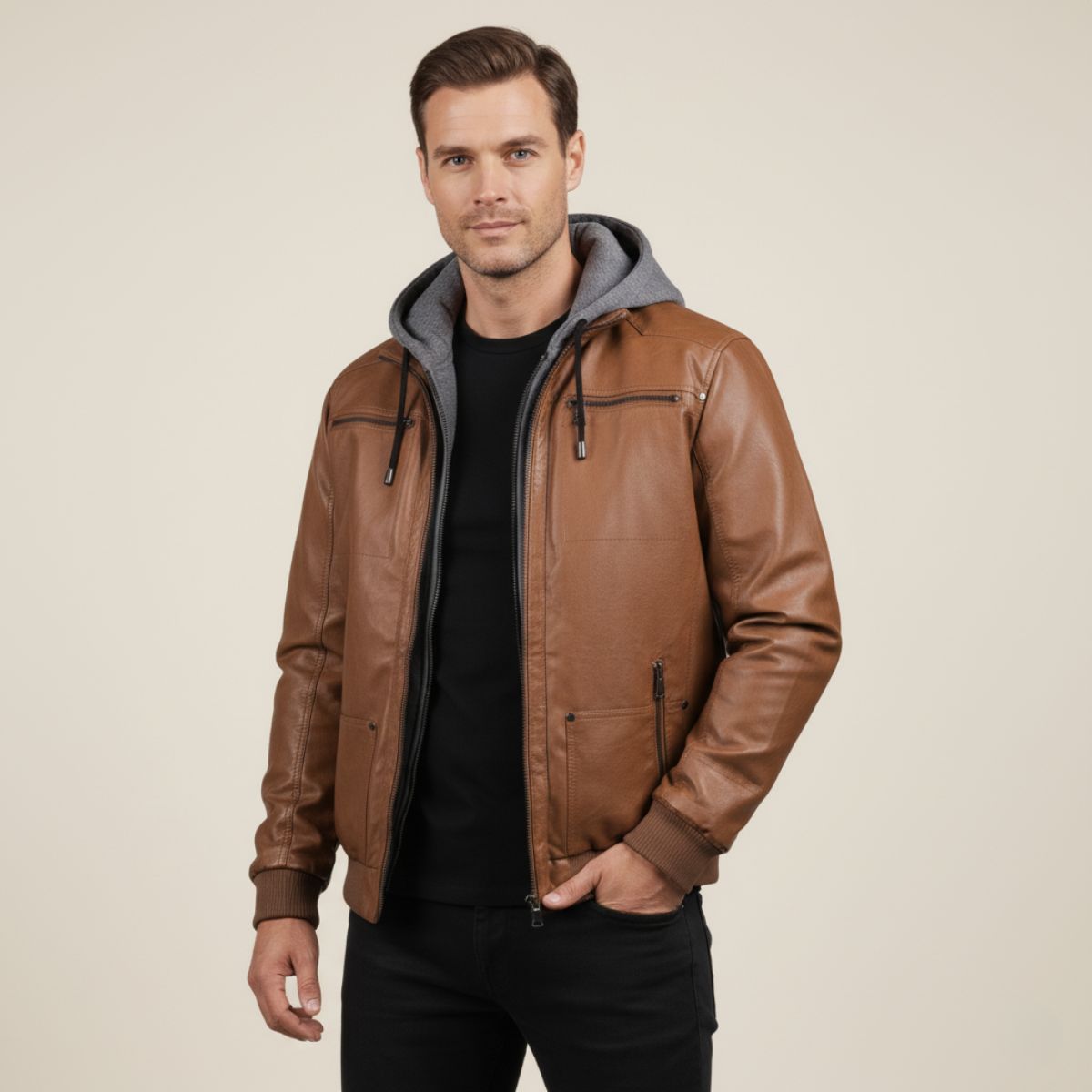 Voss | Men's Leather Jacket Black Hooded Bomber