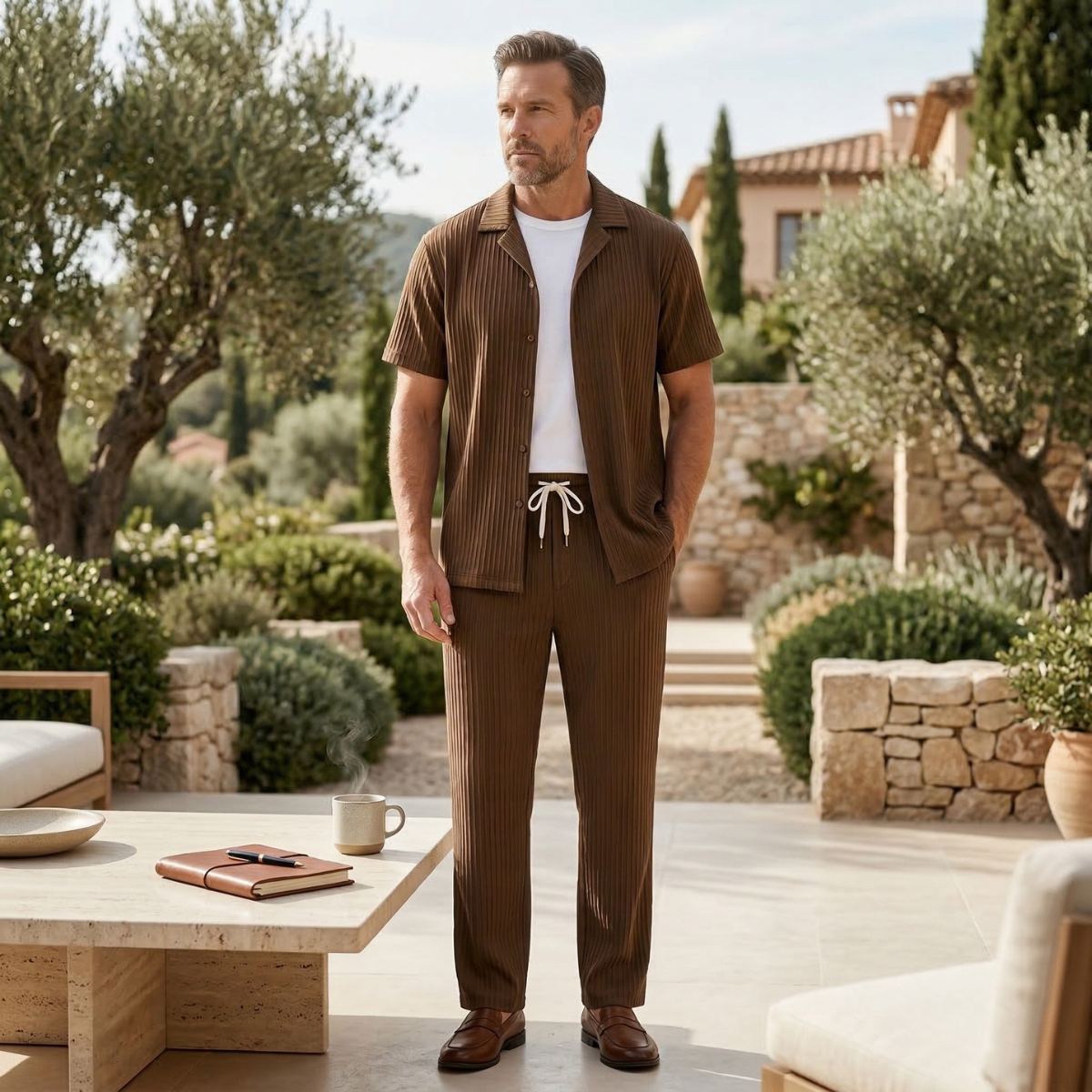Axel | Men's Casual Pinstripe Linen Set Navy Short Sleeve