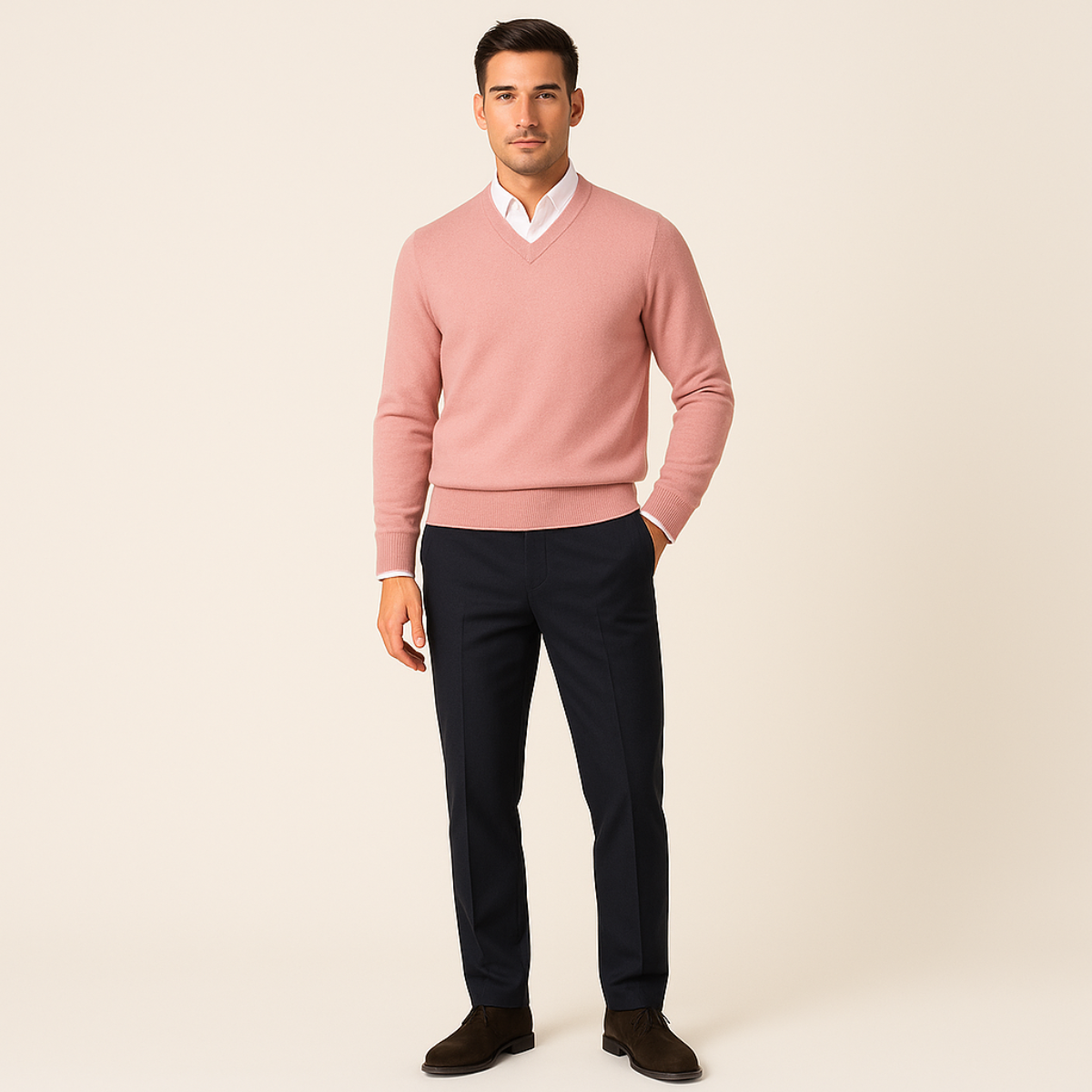 Beau | Men's V Neck Cashmere Sweater Cream