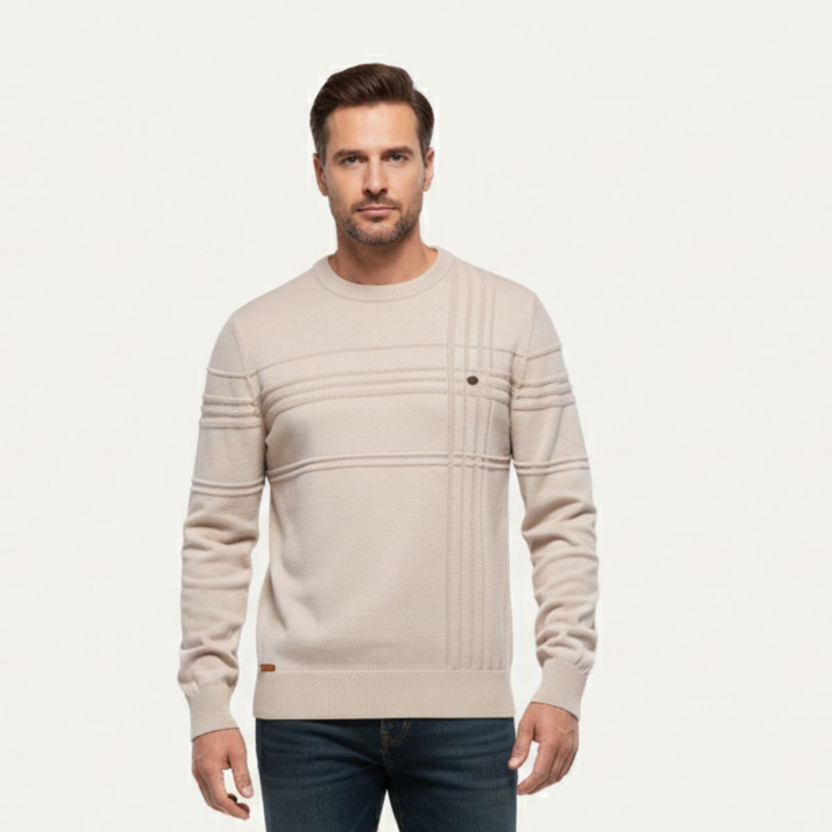 Bram | Men's Crew Neck Sweater Cream Cable Knit Long Sleeve