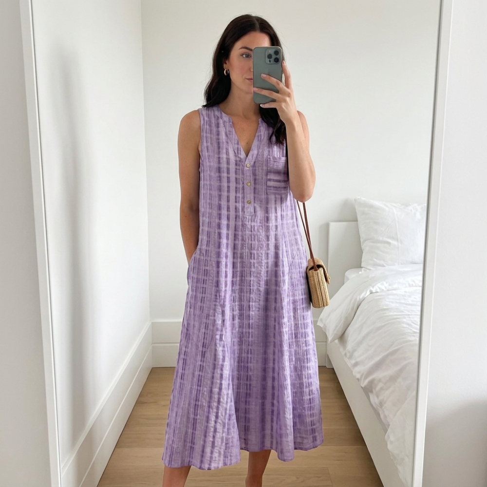 Dama Washington Luisa women's linen striped midi dress cream button front - view 6