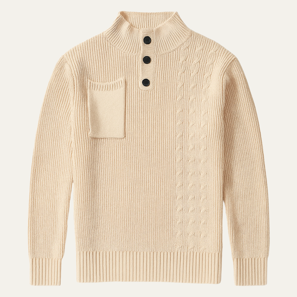 Axel | Men's Cable Knit Sweater Cream Mock Neck Button Detail