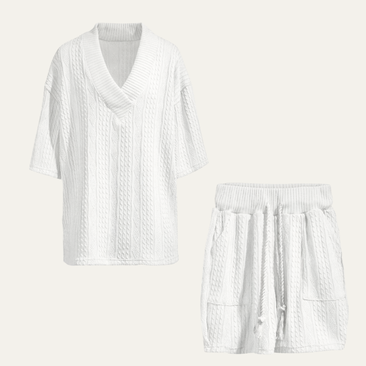 Callum | Men's Sweatsuit Cream Cable Knit V Neck Shorts Set