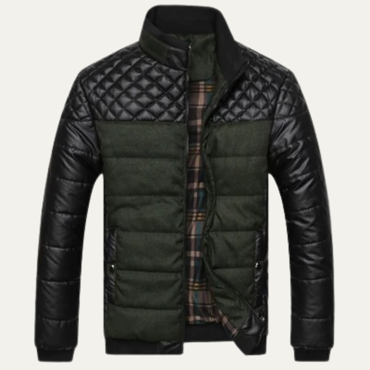 Axel | Men's Quilted Puffer Jacket Black Olive Color Block