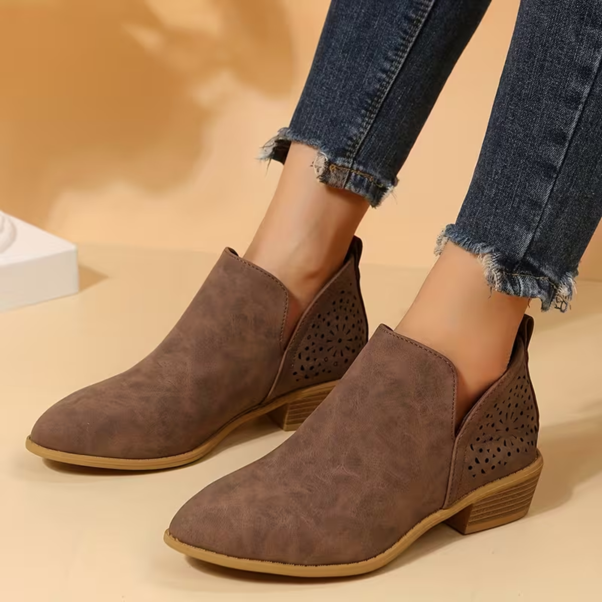 Thea | Women's Perforated Ankle Boots Cream Comfortable Short Heel