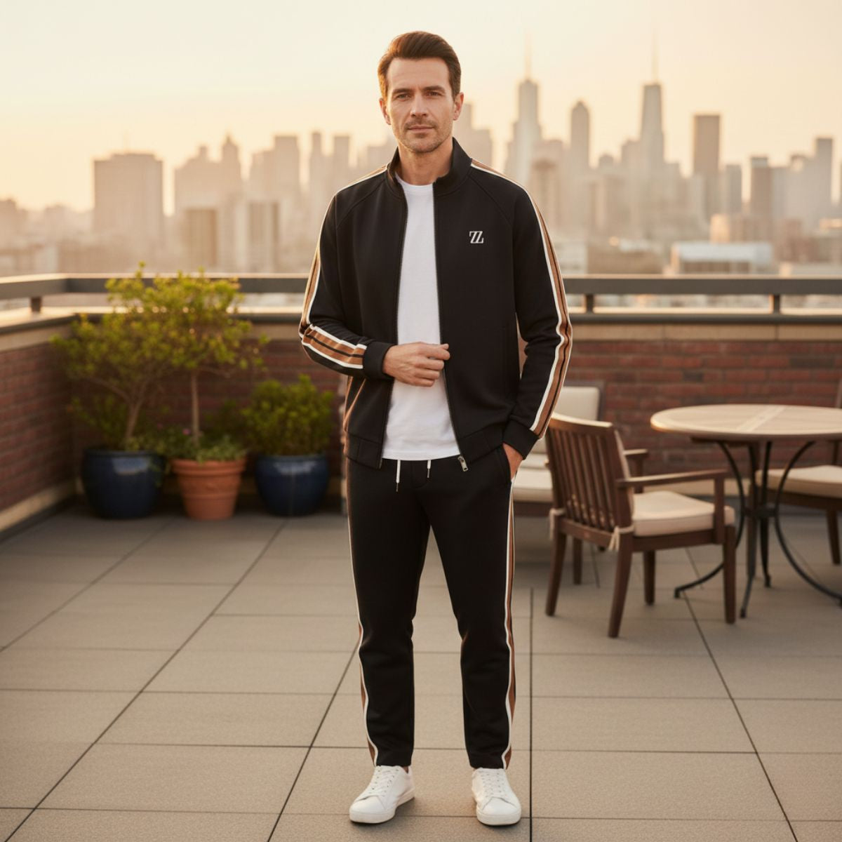 Axel | Men's Sweatsuit Cream Brown Stripe Track Jacket Joggers Set