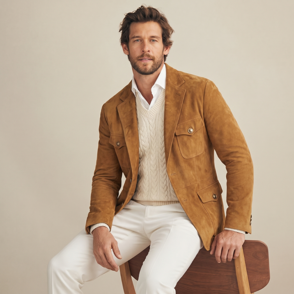Dama Washington Rhys men's casual suede blazer tan with chest pockets - view 3