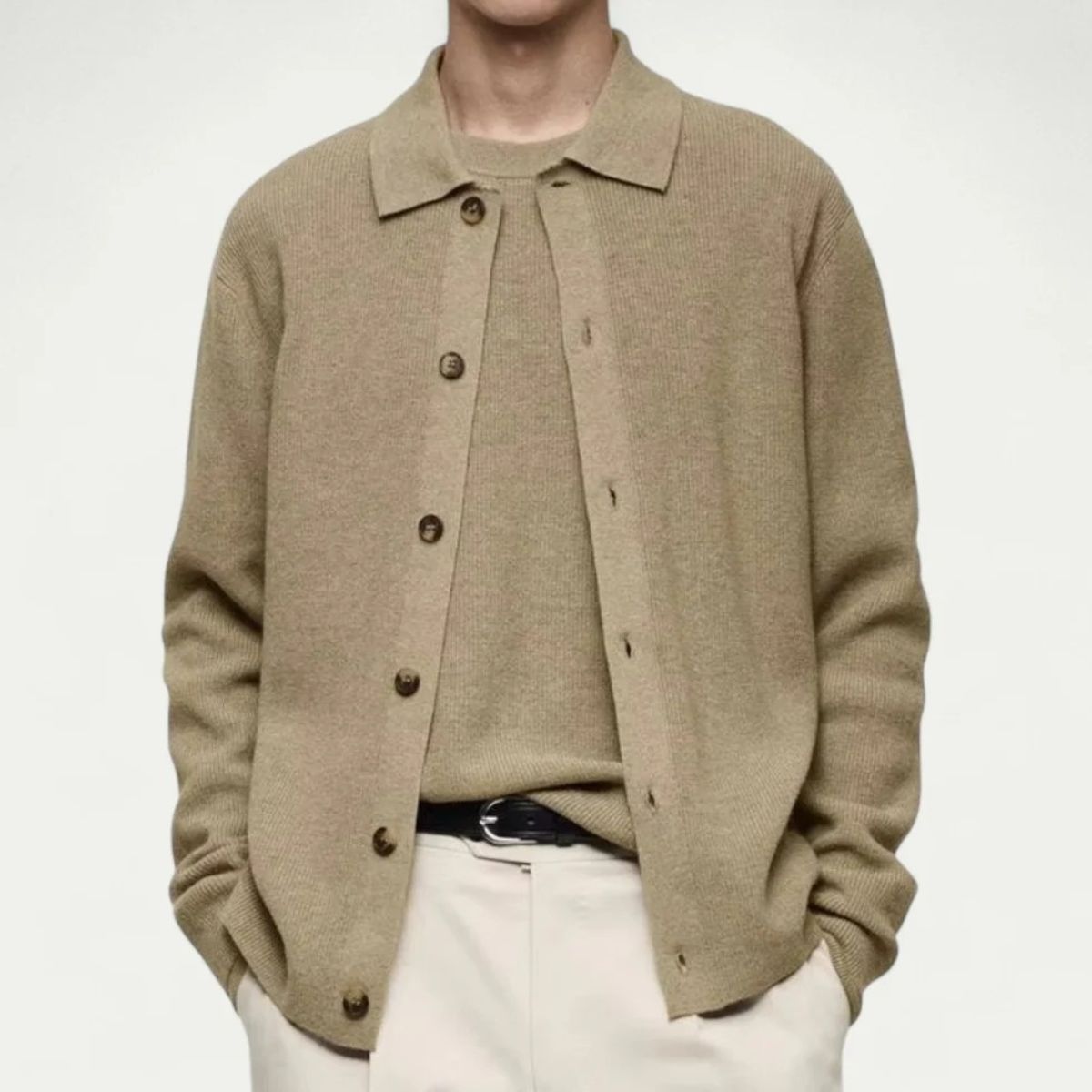 Callum | Men's Cardigan Sweater Beige Collared Button Front