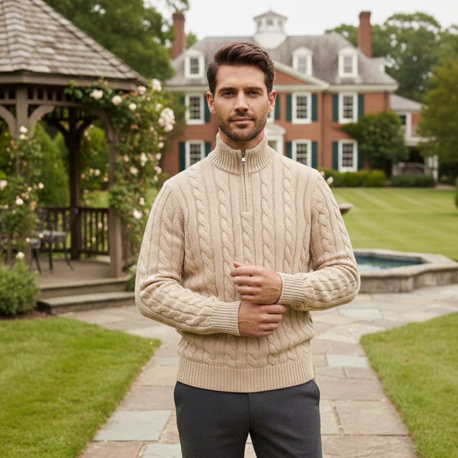 Bram | Men's Quarter Zip Cable Knit Sweater Cream