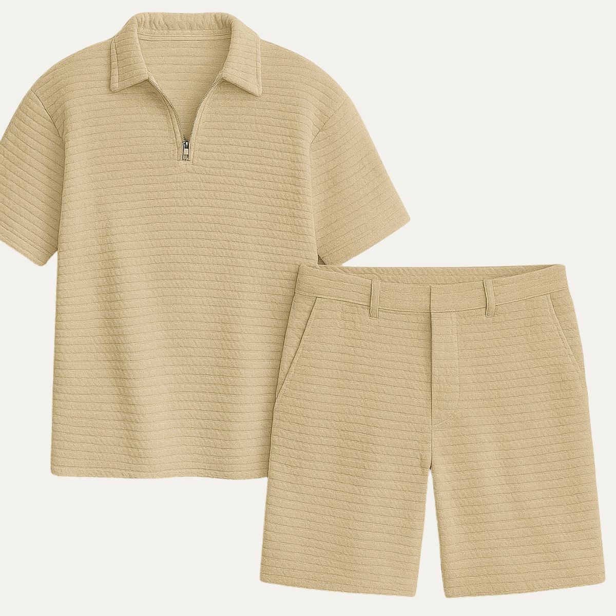 Camille | Men's Knit Shorts Set Cream Waffle Texture