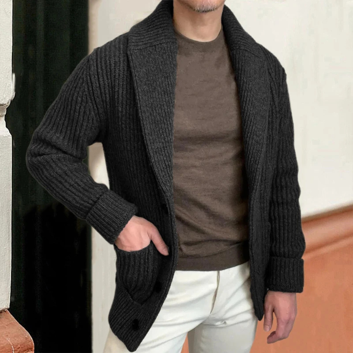Flint | Men's Chunky Knit Cardigan Gray Shawl Collar