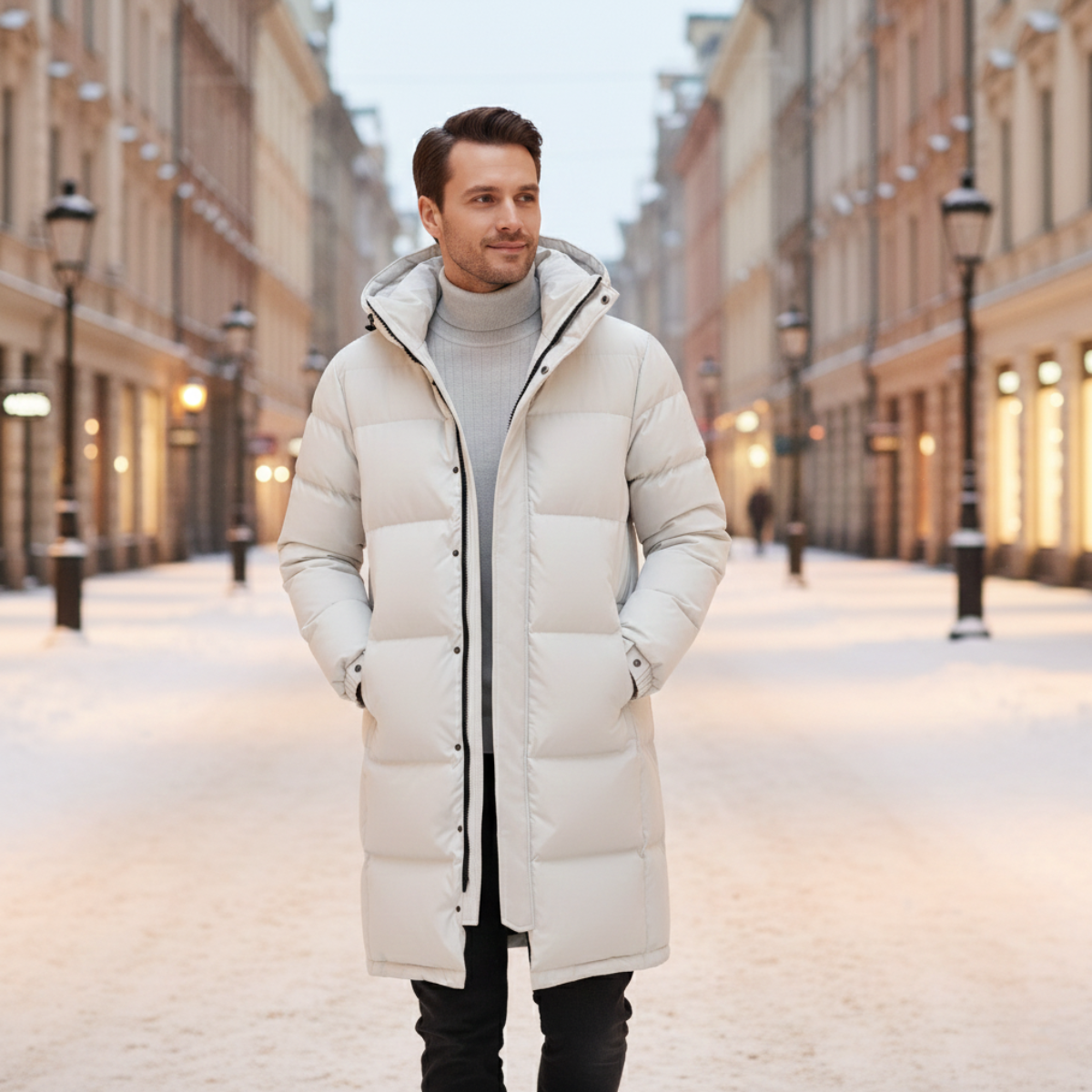 Wyatt | Men's Puffer Jacket Cream Hooded Longline