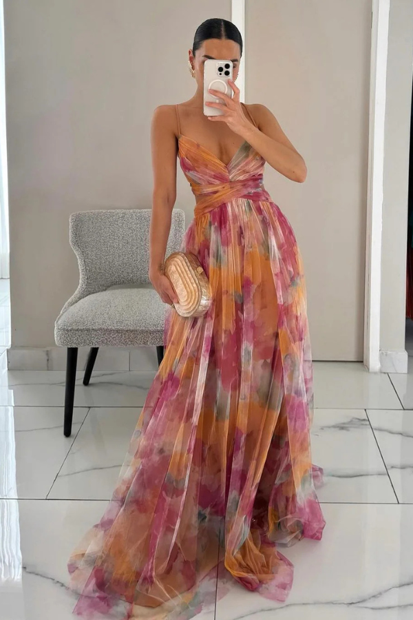 Stella | Women's Chiffon Maxi Dress Multicolor Pleat