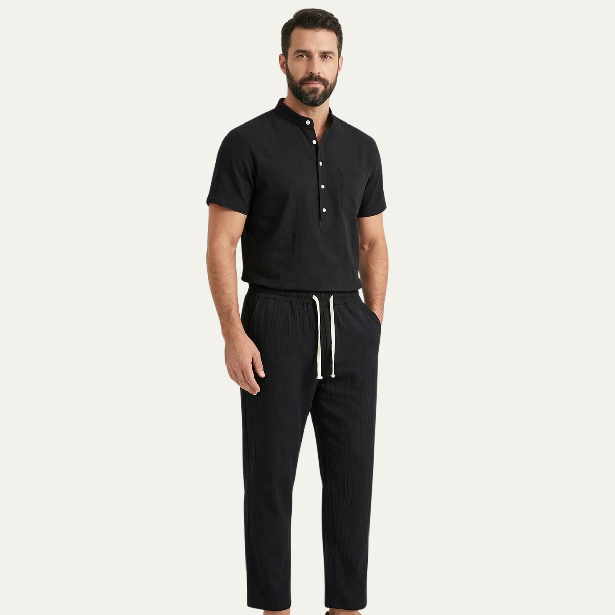 Kai | Men's Linen Lounge Set Black Short Sleeve