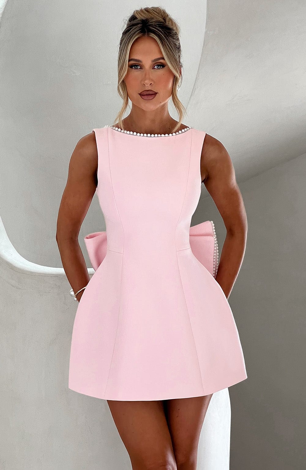 Vera | Women's Coquette Fit And Flare Mini Dress Pink Pearl Trim