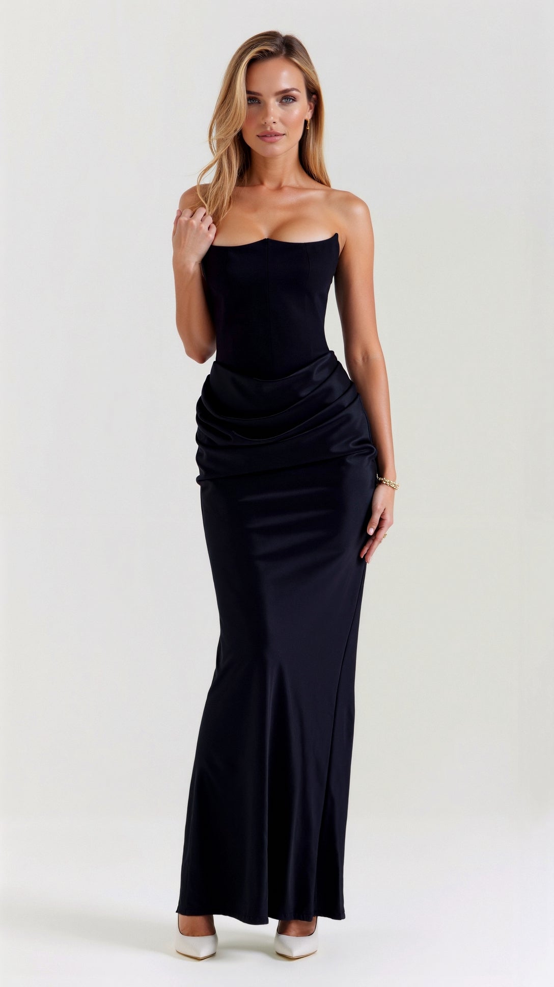 Cleo | Women's Satin Ruched Maxi Dress Black