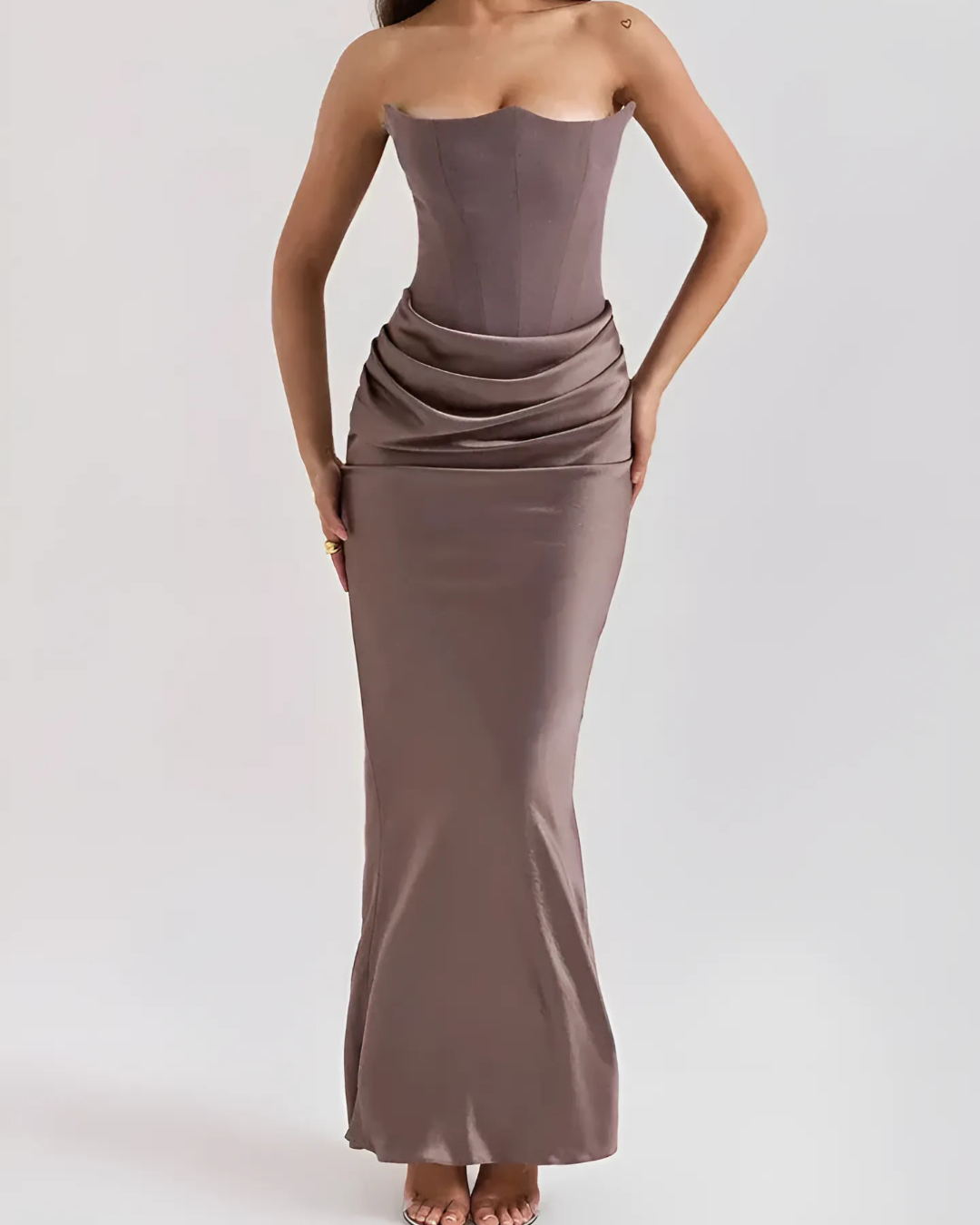 Celine | Women's Ruched Satin Maxi Dress Brown