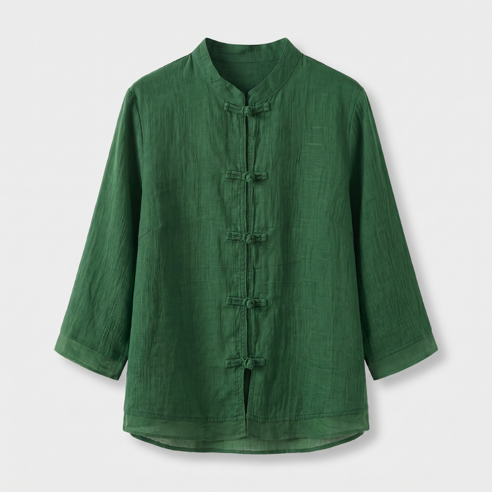 Camille | Women's Linen Shirt Green Mandarin Collar Button Up