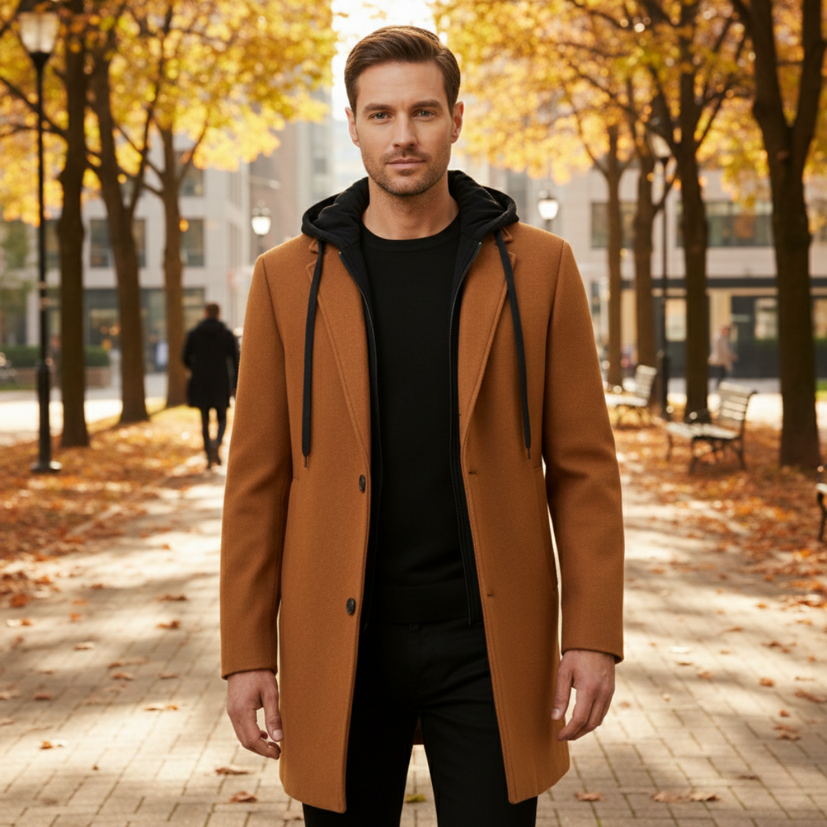 Bram | Men's Wool Overcoat Caramel Hooded Quilted Lining