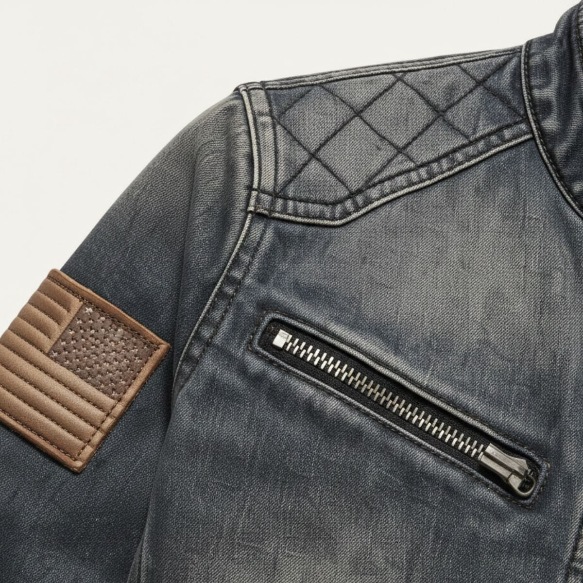 Axel | Men's Slim Fit Denim Jacket Gray Quilted Shoulder Zip Collar