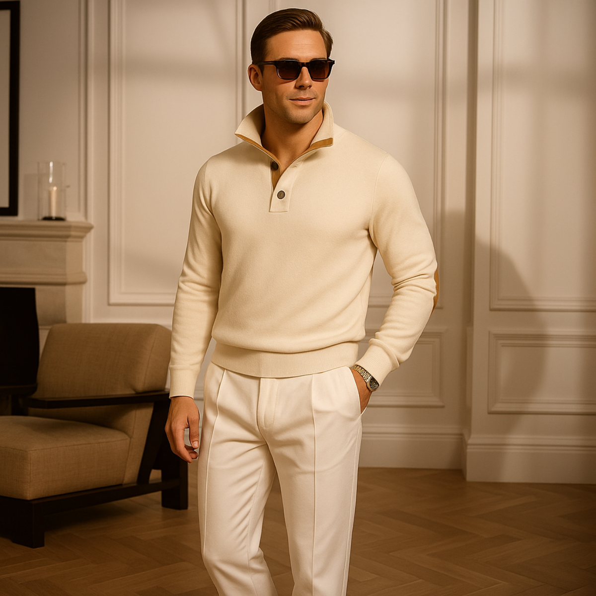 Demi | Men's Quarter Zip Sweater Navy Elbow Patch