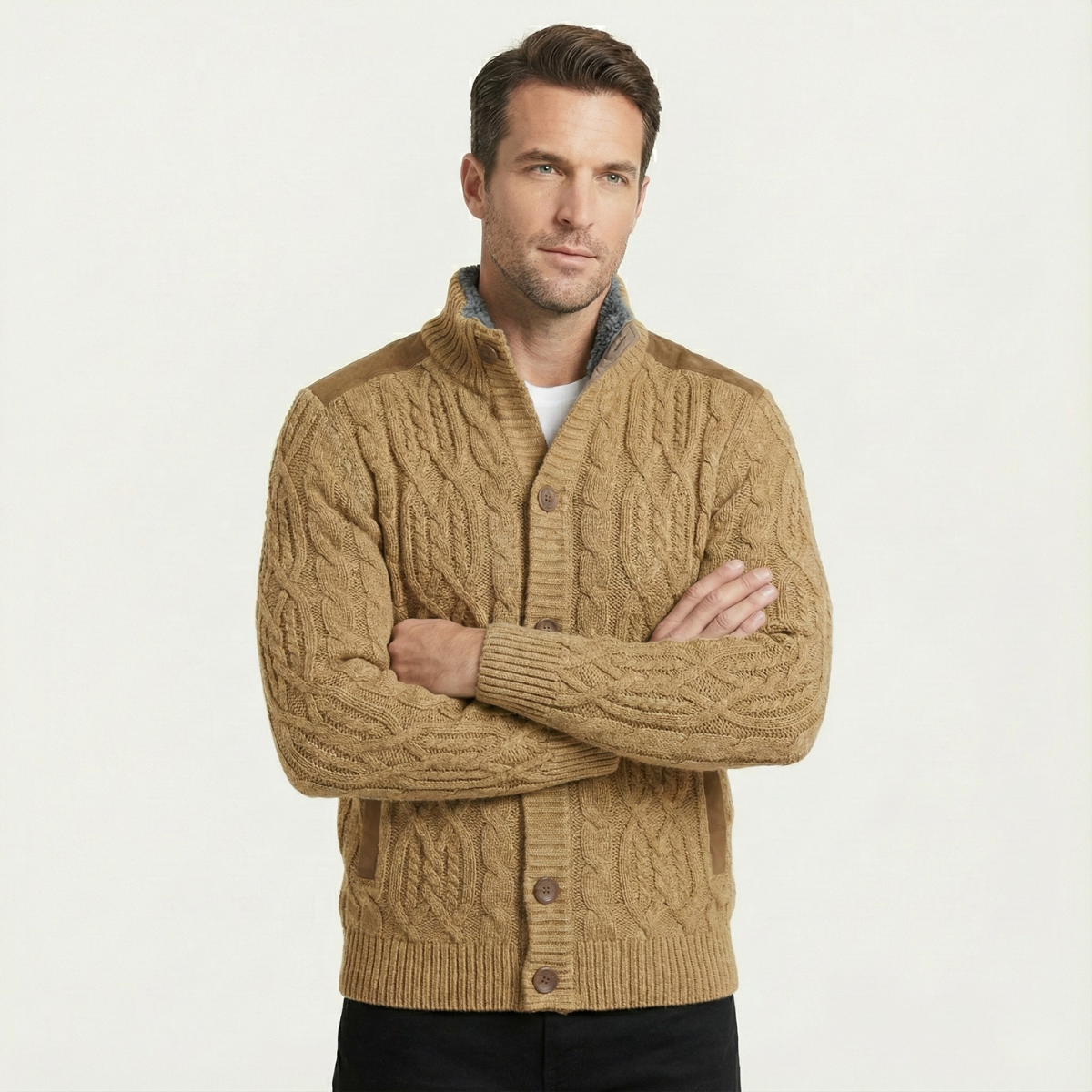 Ash | Men's Cable Knit Cardigan Tan Button Up Sweater