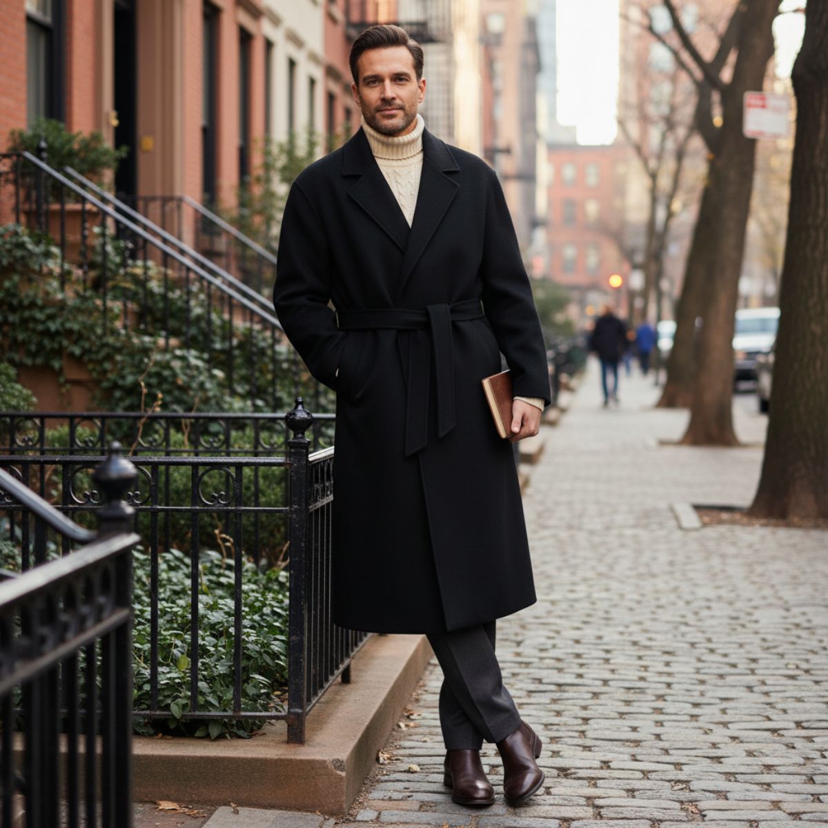 Callum | Men's Wool Overcoat Black Belted Long