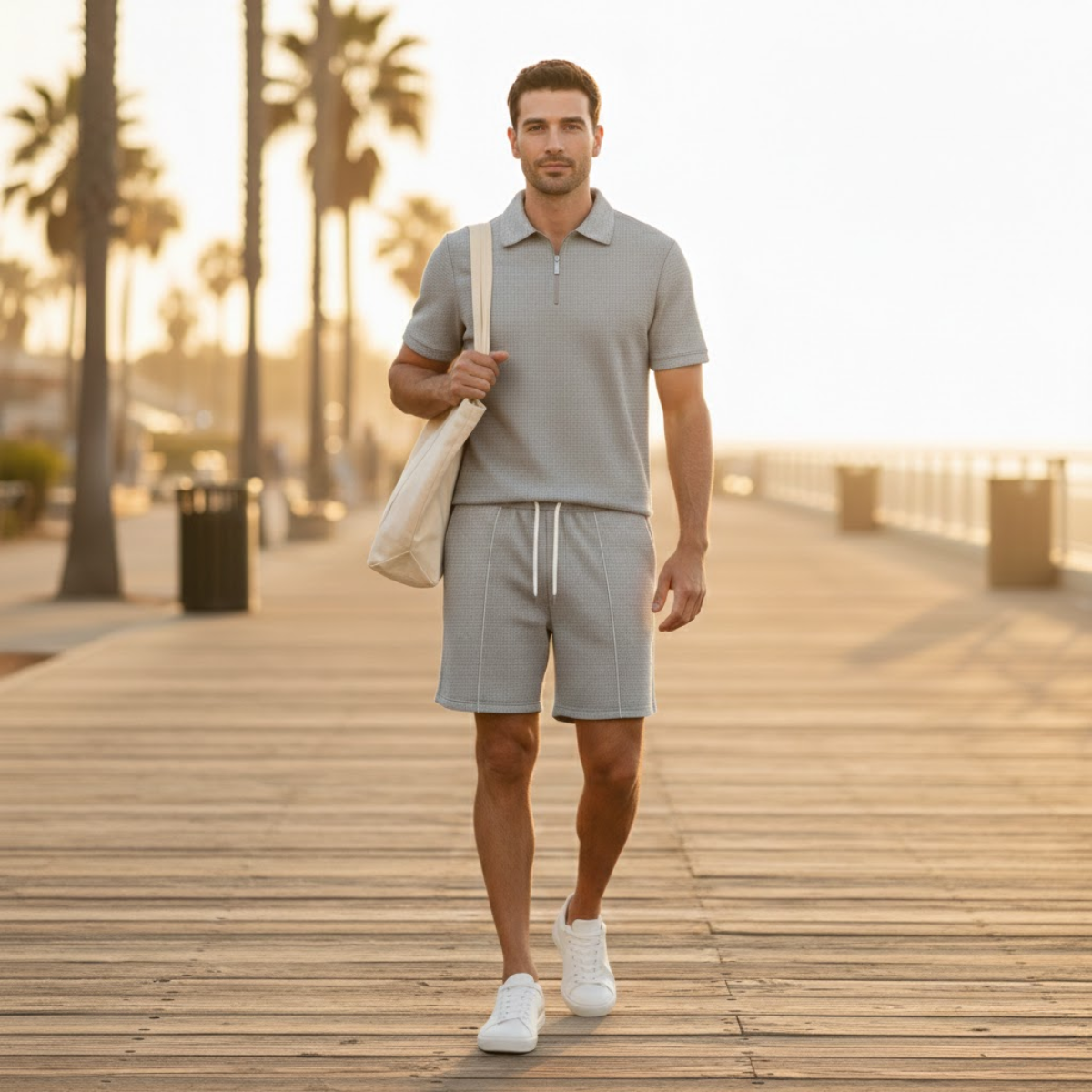 Axel | Men's Sweatsuit Cream Short Sleeve Polo Shirt Shorts Set