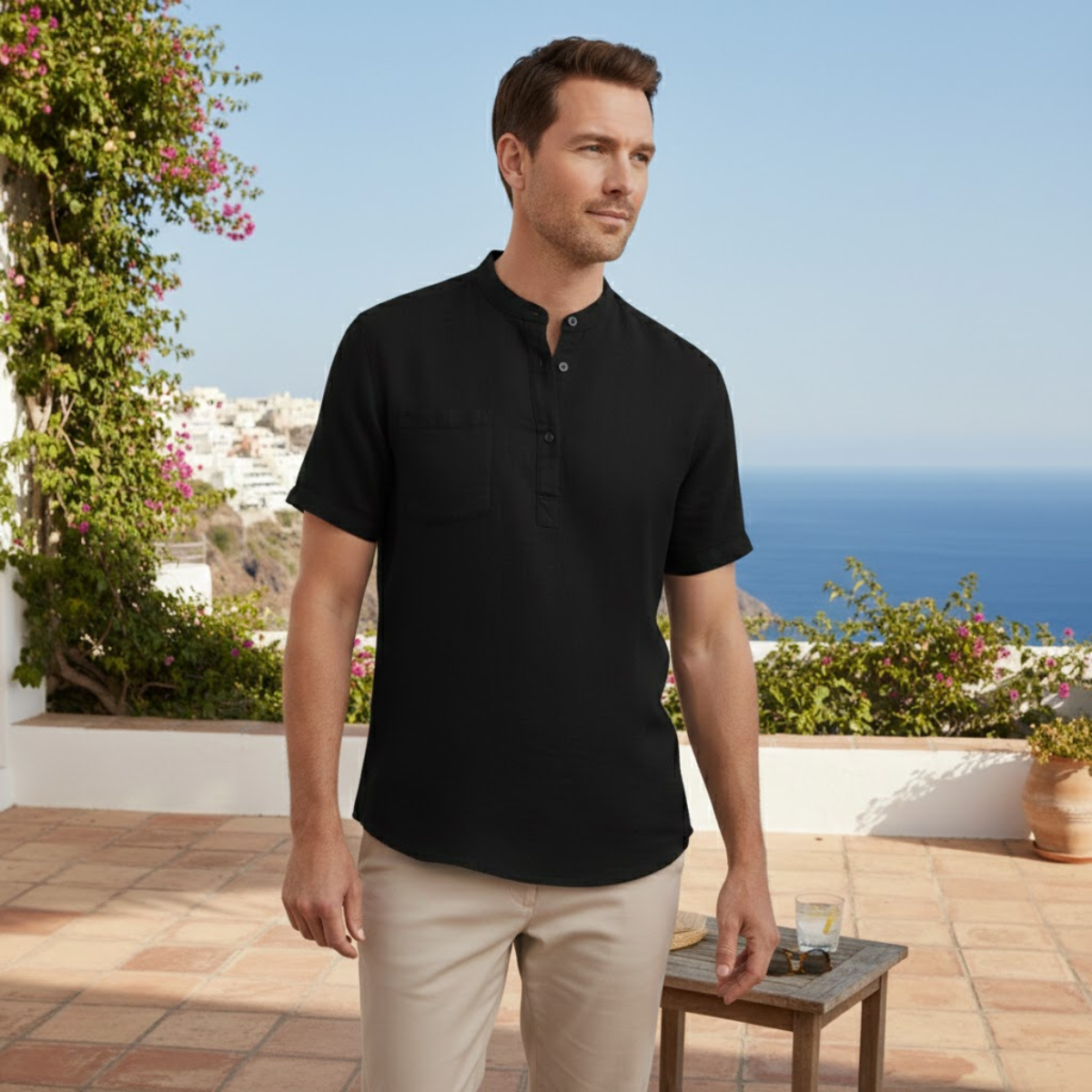 Callum | Men's Casual Linen Henley Black Short Sleeve