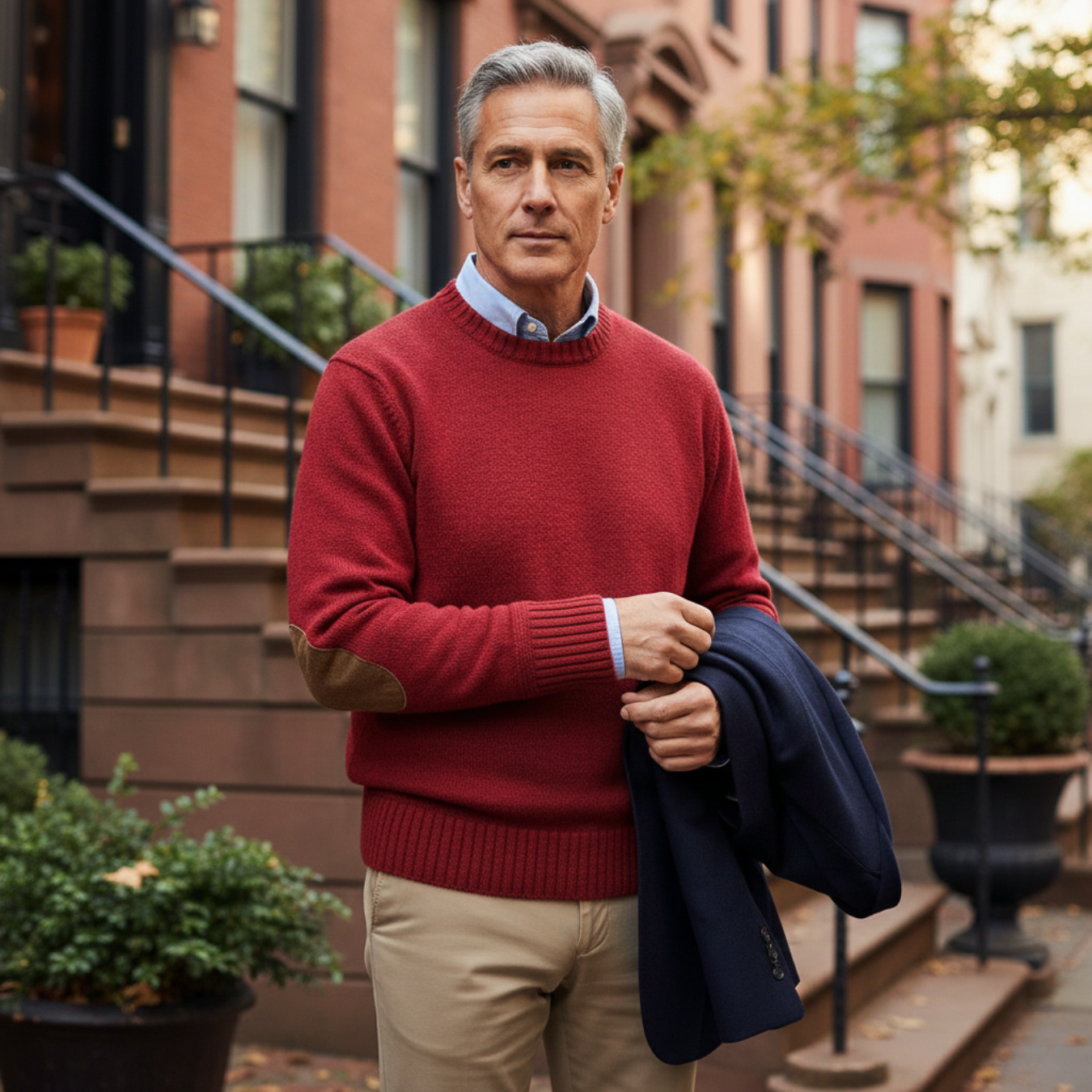 Beau | Men's Oversized Crew Neck Sweater Red Elbow Patches