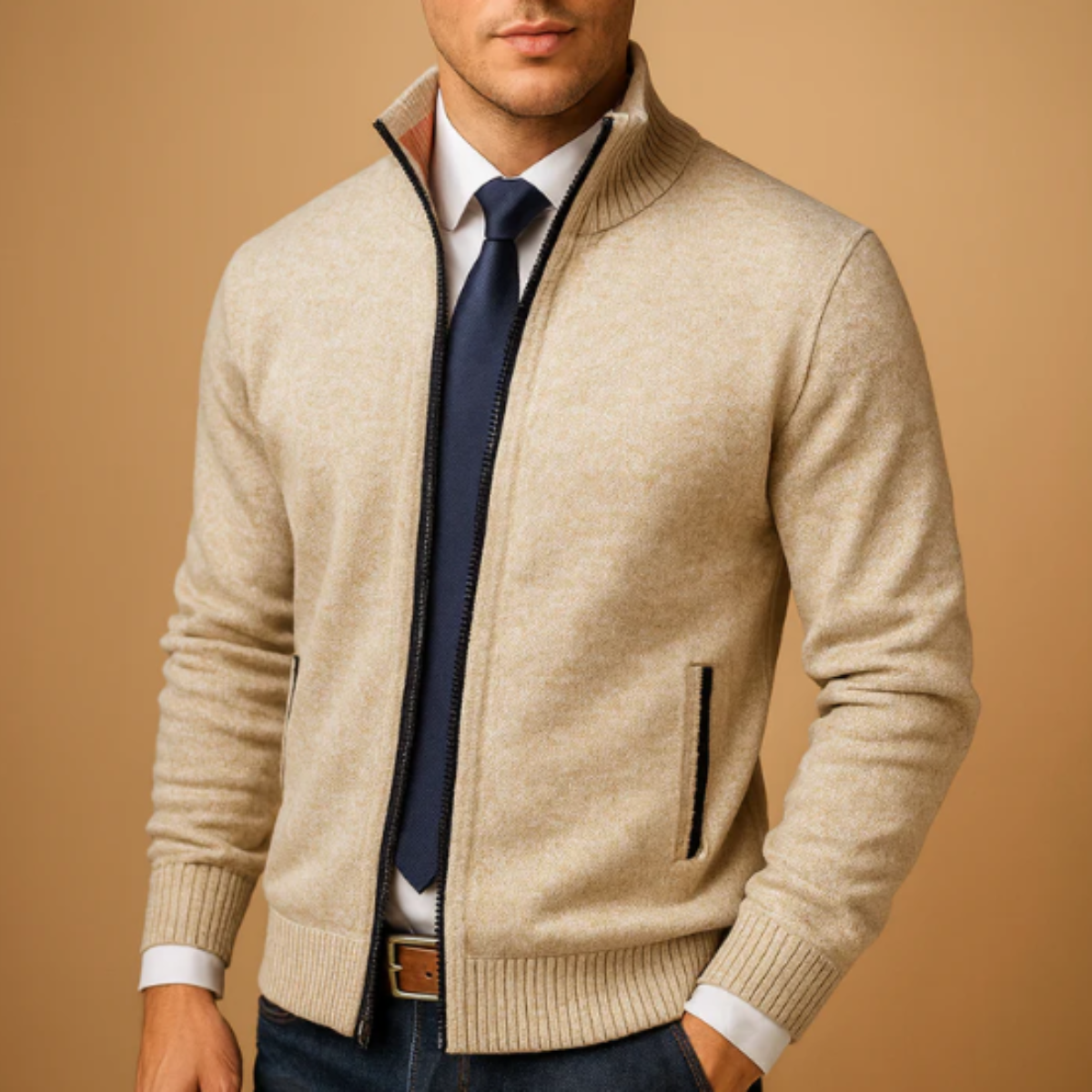 Beau | Men's Wool Blend Zip Cardigan Cream Stand Collar