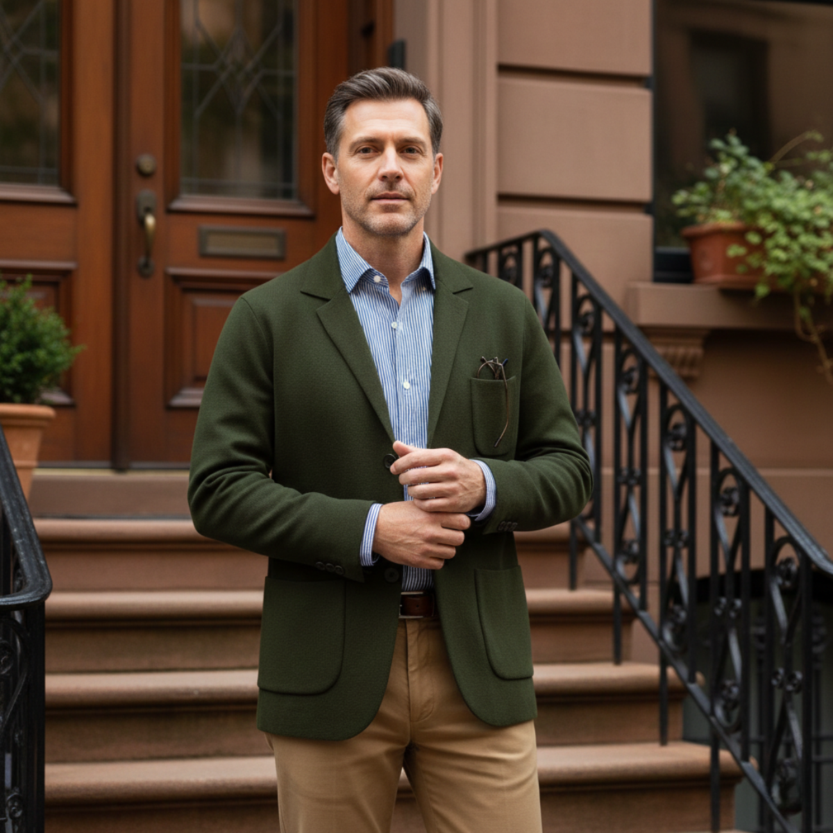 Hugo | Men's Smart Casual Linen Blazer Olive Green Stripe Shirt