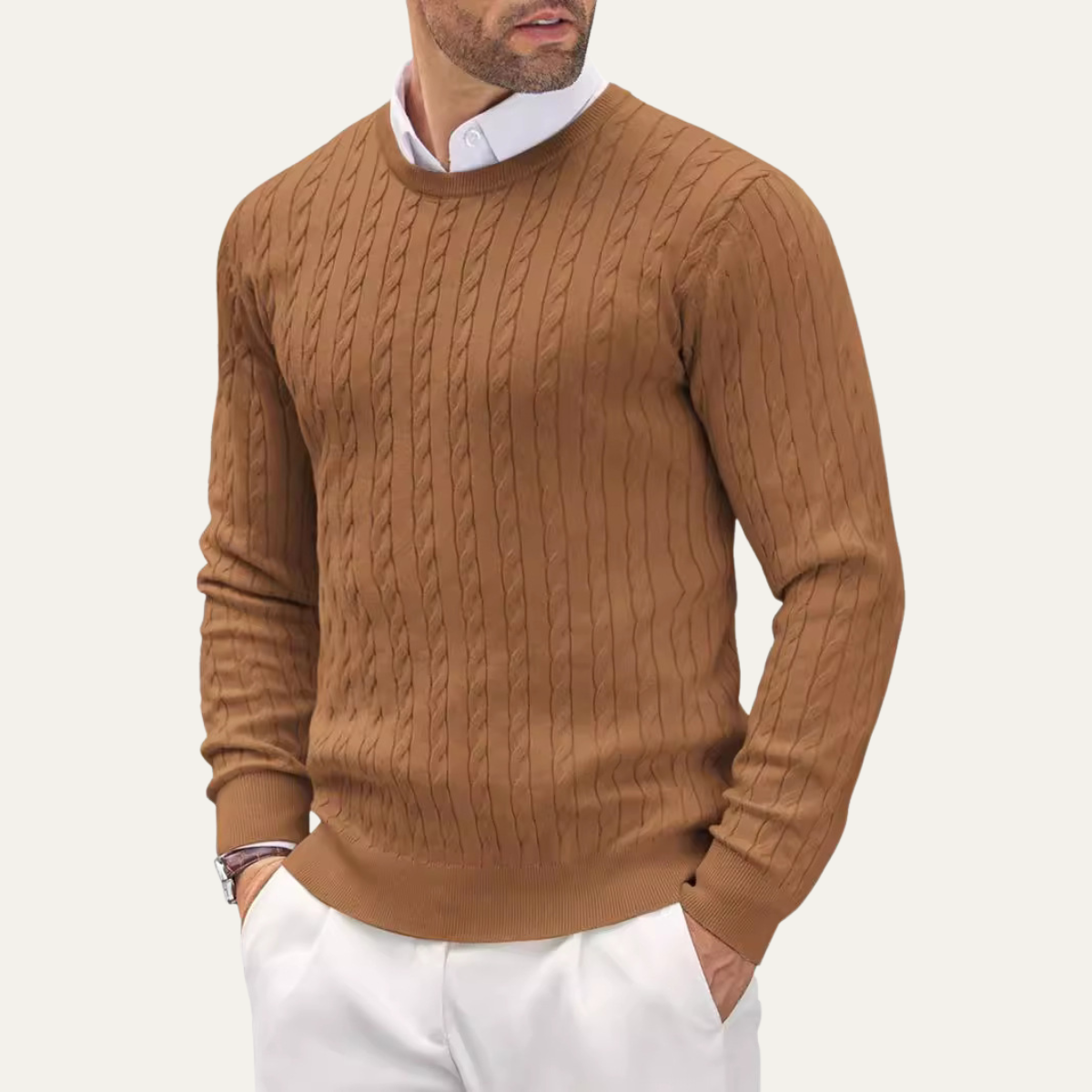 Axel | Men's Cable Knit Sweater Camel Crew Neck