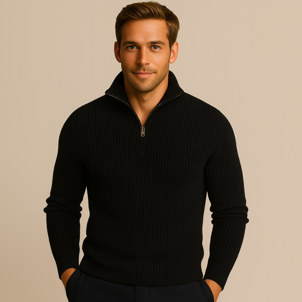 Cleo | Men's Quarter Zip Sweater Cream Ribbed Knit