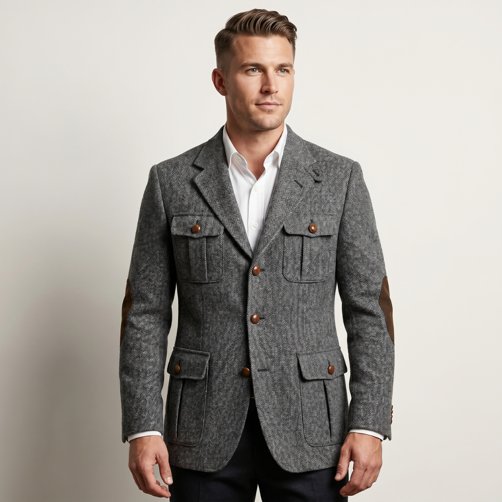 Sage | Men's Herringbone Tweed Blazer with Elbow Patches
