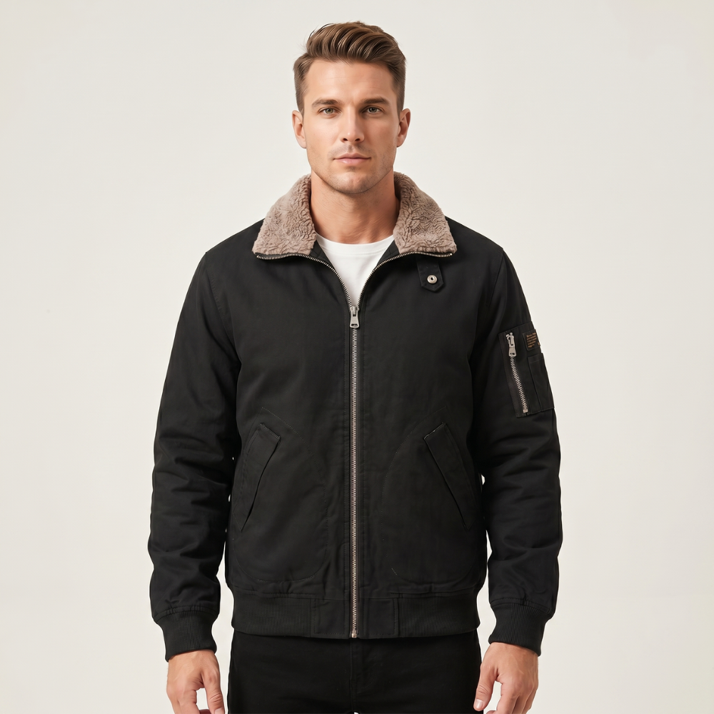 Sage | Men's Black Bomber Jacket Sherpa Lined Warm Winter
