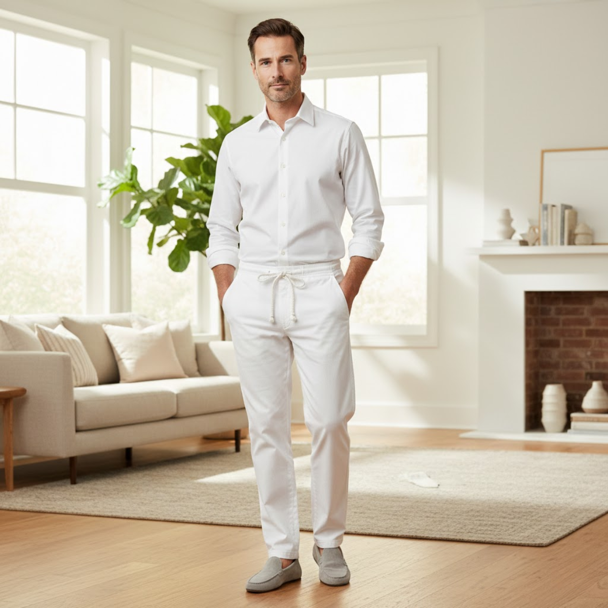 Lars | Men's Linen Pants White Drawstring Relaxed Fit