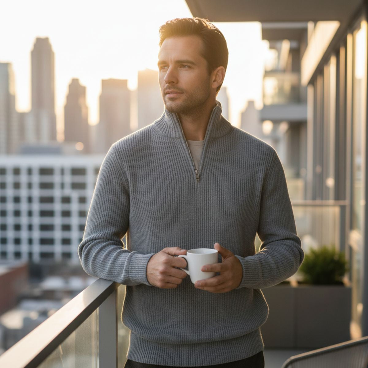 Luca | Men's Quarter Zip Sweater Black Ribbed Knit