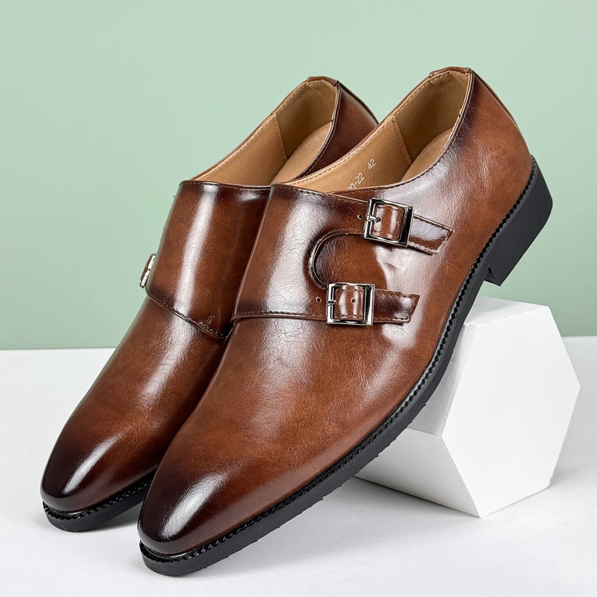 Axel | Men's Double Buckle Strap Dress Shoes Brown Leather