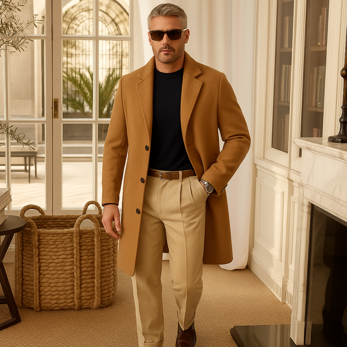 Voss | Men's Black Wool Overcoat Long Length