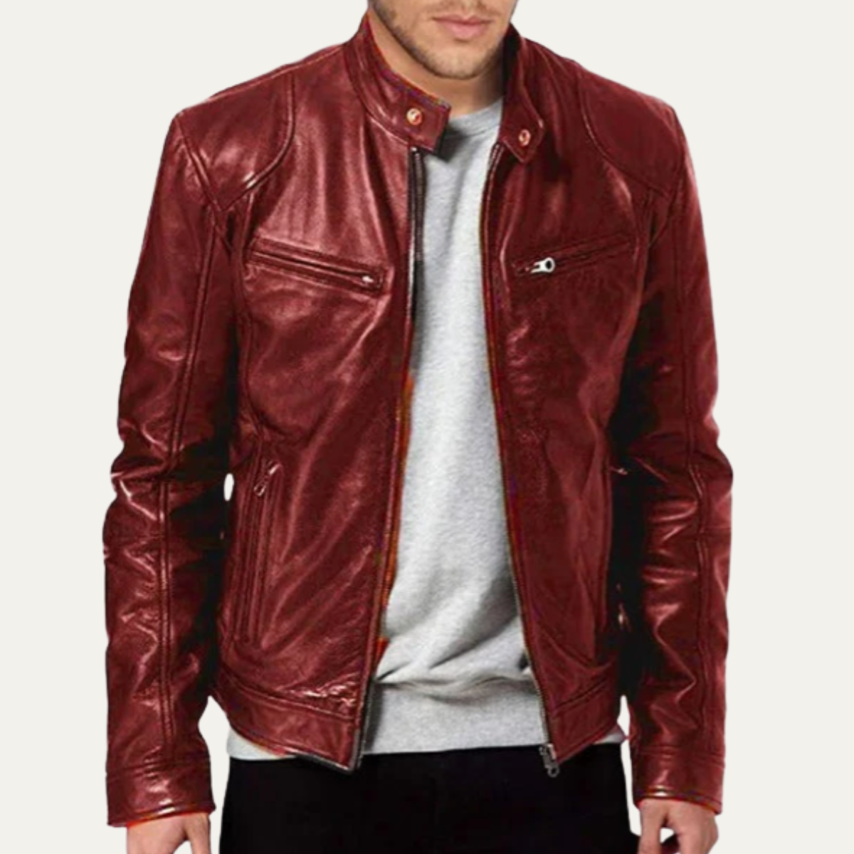 Beau | Men's Leather Jacket Burgundy Zip Up