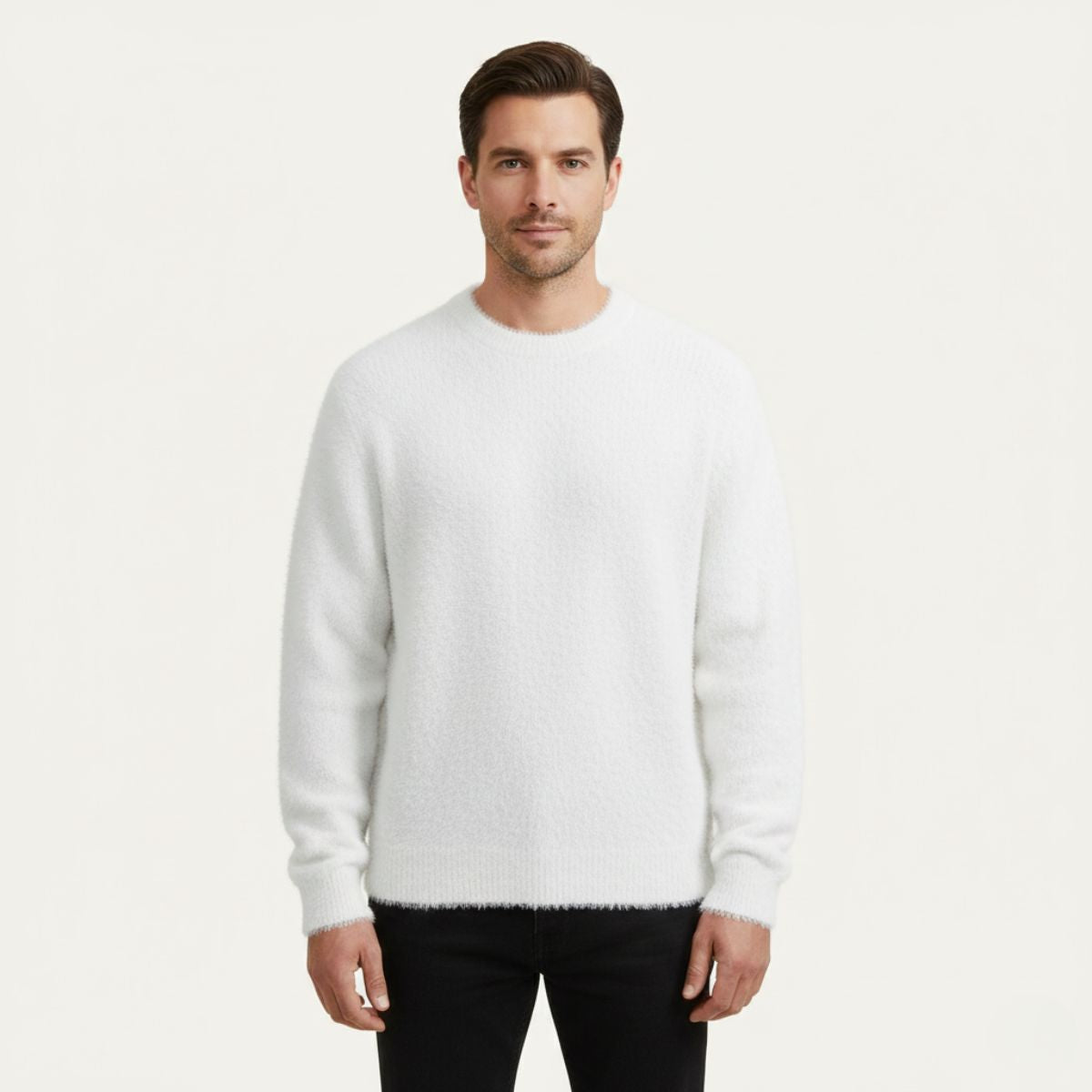Alma | Men's Crew Neck Sweater White Cashmere Knit