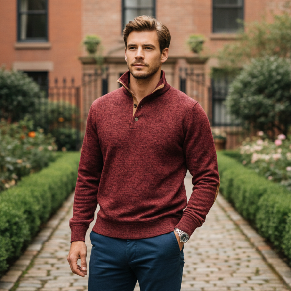 Bram | Men's Quarter Zip Sweater Burgundy Elbow Patch