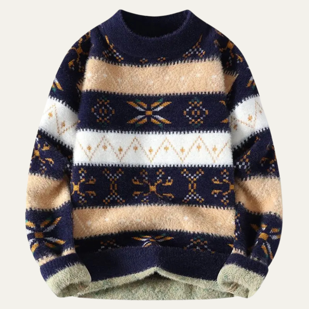 Ezra | Men's Crew Neck Sweater Cream Navy Beige Nordic Pattern