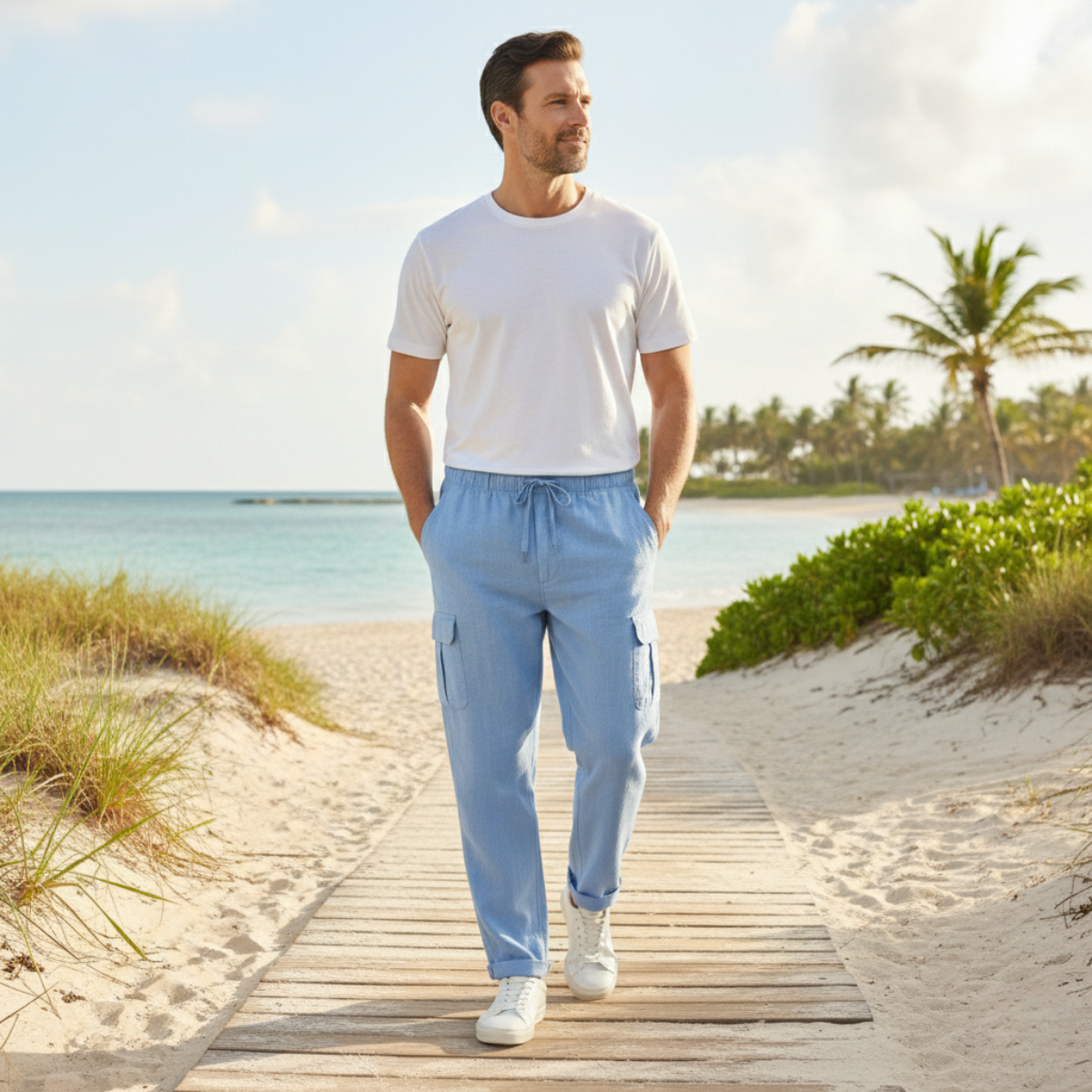 Cade | Men's Casual Linen Cargo Pants Cream Relaxed Fit