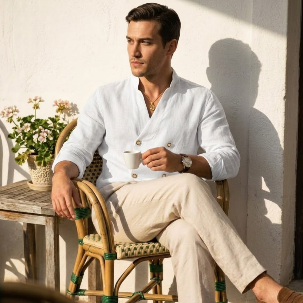 Dama Washington Sage men's double breasted linen shirt cream long sleeve - view 2