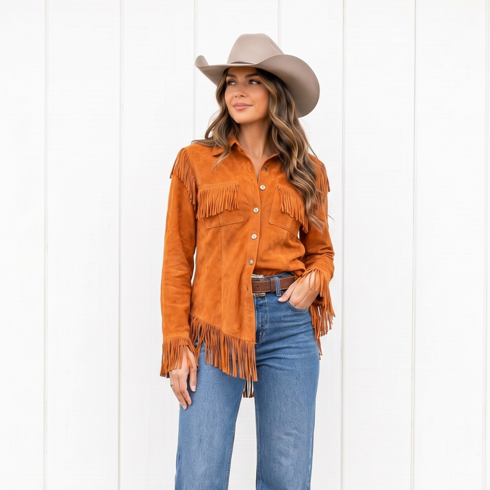 Demi | Women's Fringe Suede Shirt Jacket Rust
