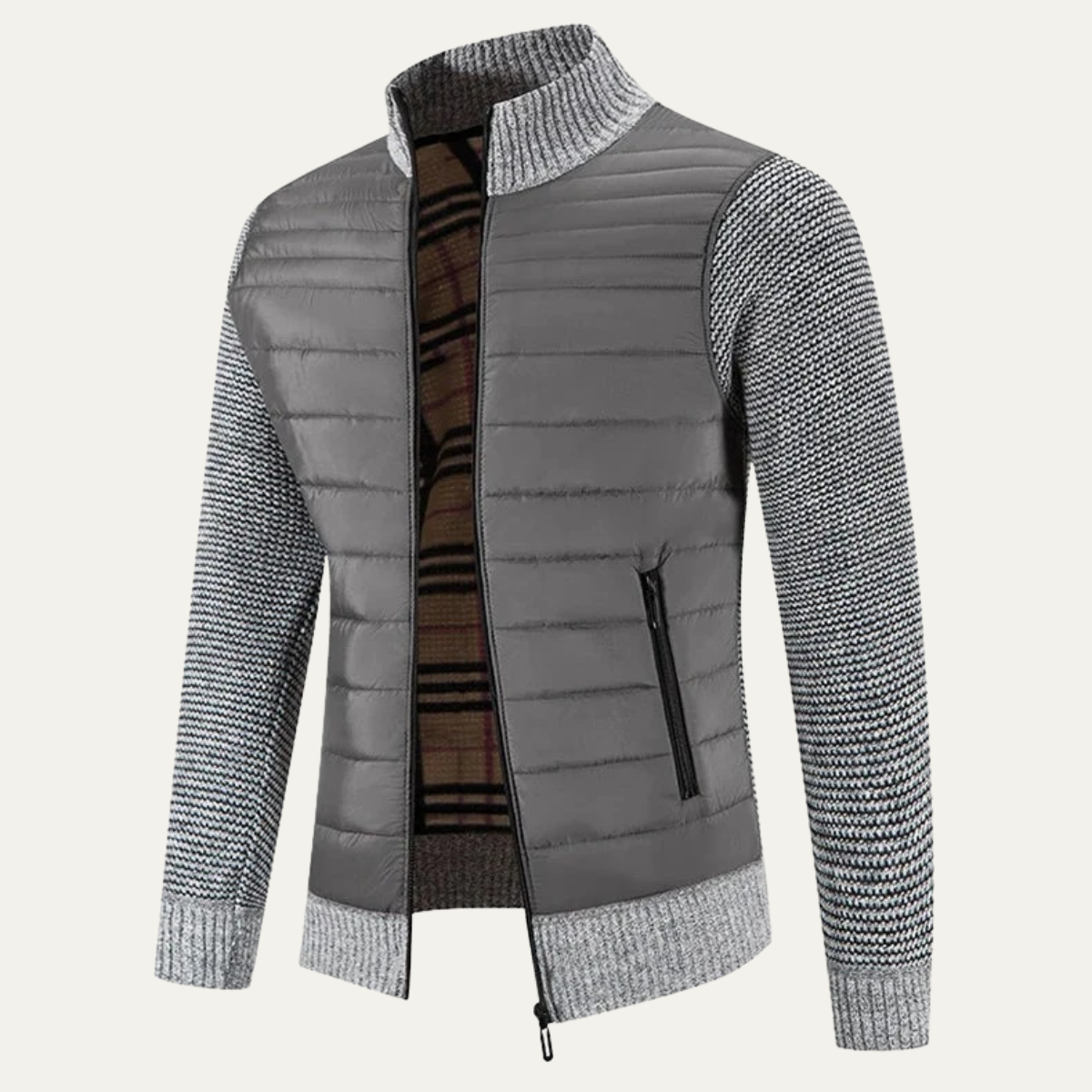 Beau | Men's Quilted Puffer Jacket Gray Knit Sleeves