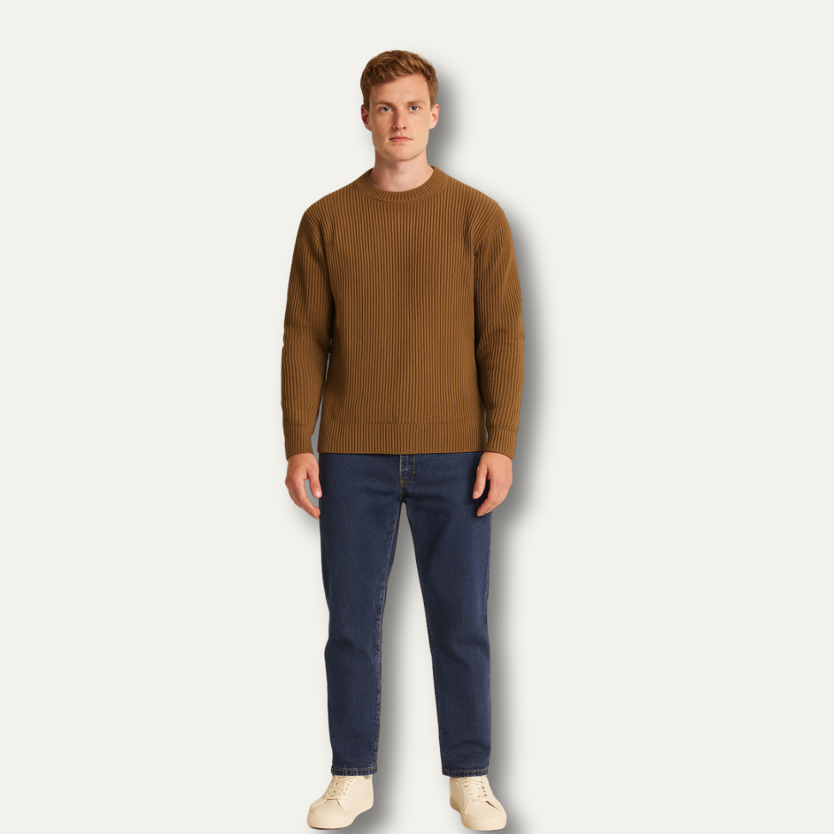 Beau | Men's Crew Neck Sweater Brown Ribbed Knit