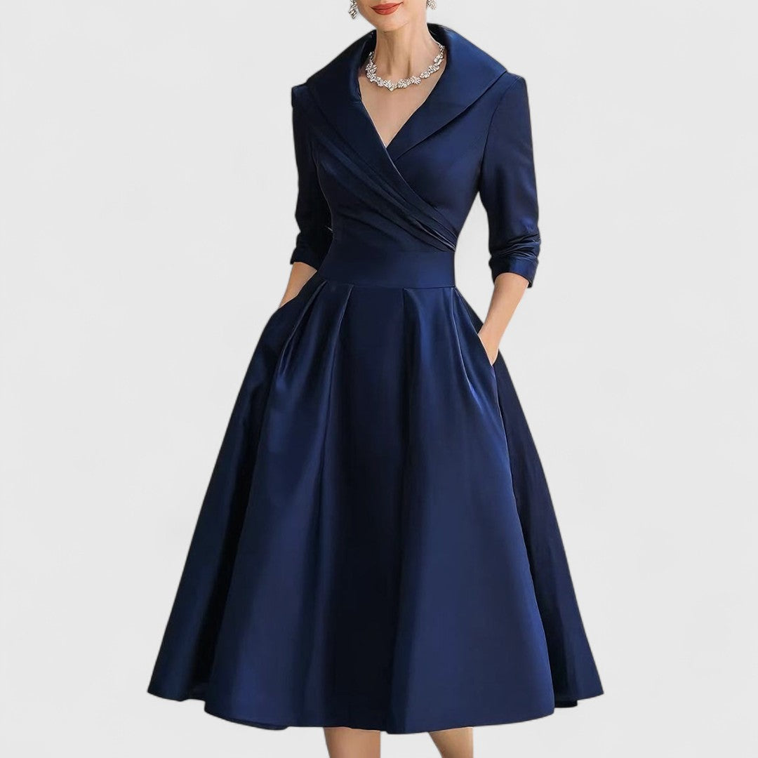 Vera | Women's A Line Midi Dress Navy Three Quarter Sleeve